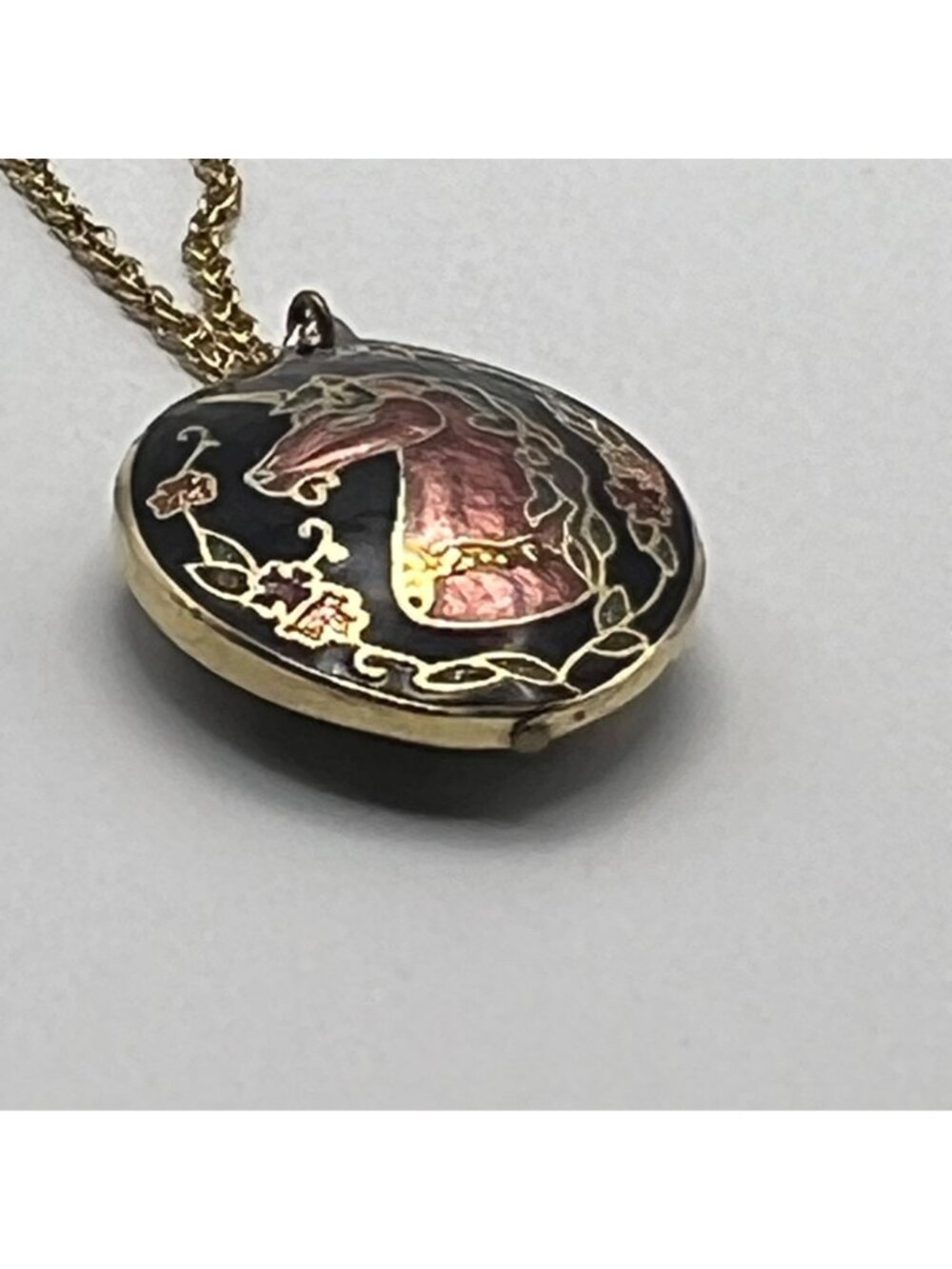 Vintage Unicorn Pendant Necklace Gold-Tone Cloisonne Black Double Sided Oval 23" - Picture 10 of 10